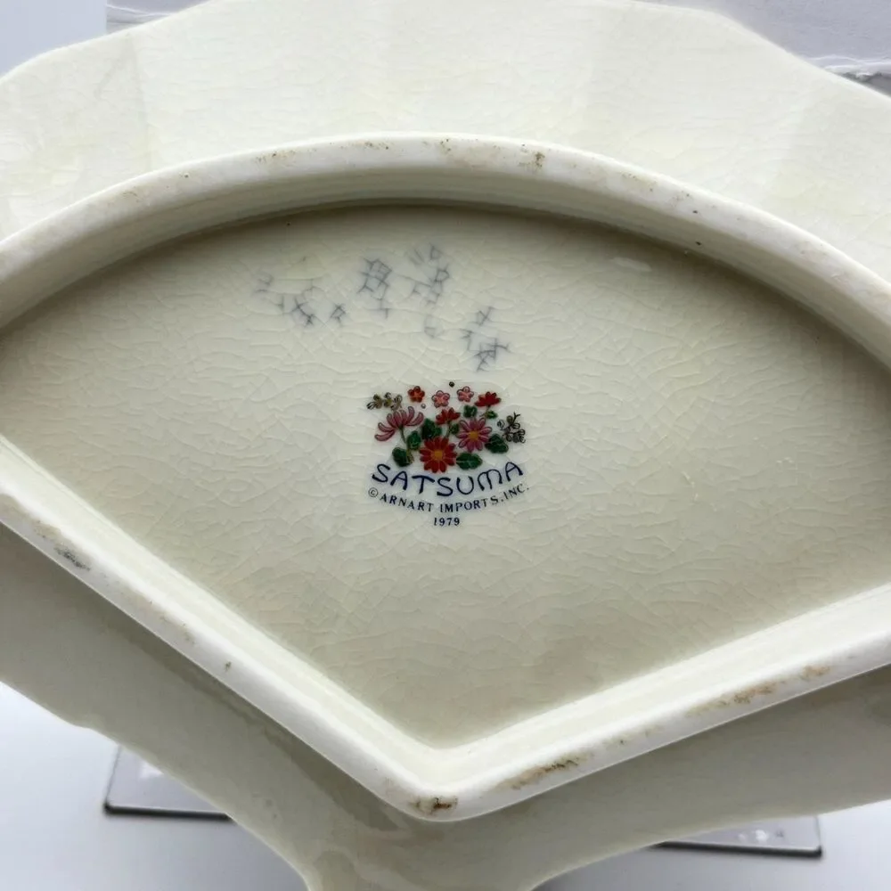 Satsuma 1979 Peacock Floral Porcelain Fan Shaped Pedestal Dish Gold Trim